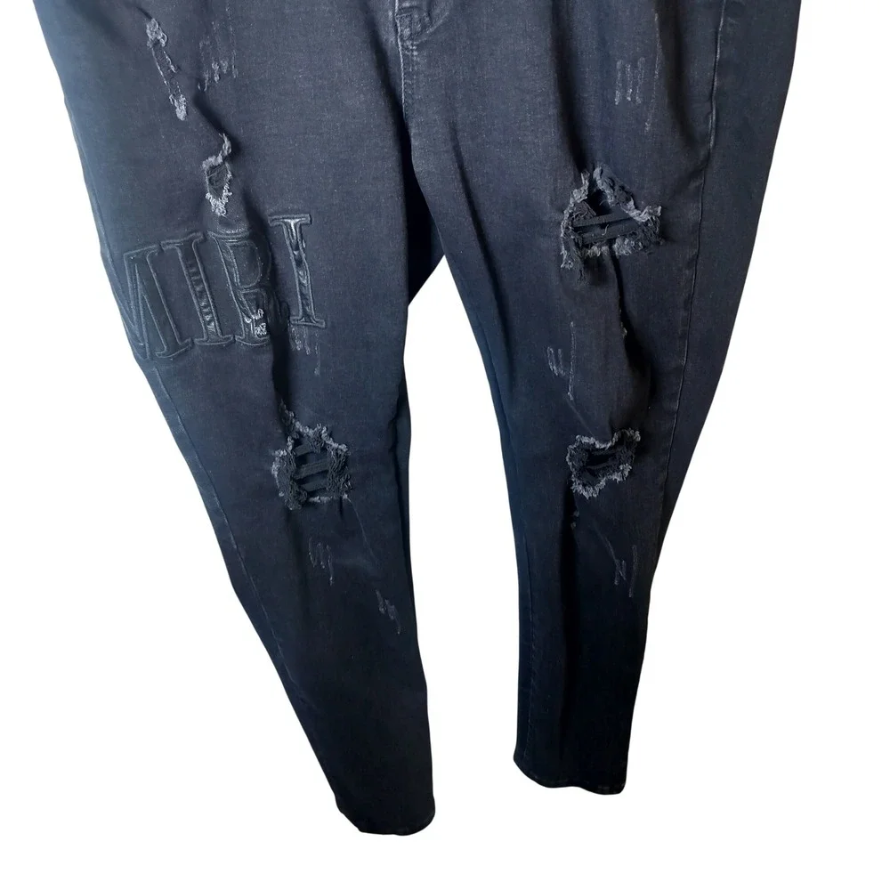 Amiri Mens Distressed Logo Denim Jeans Black Ripped Slim Fit‎ Streetwear 36x34